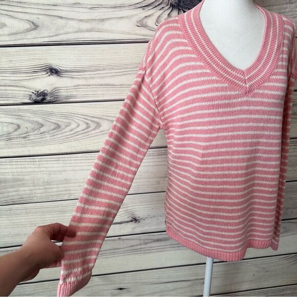 Talbots Pink & White Linen Cotton Blend V Neck Knit Sweater - Picture 4 of 10